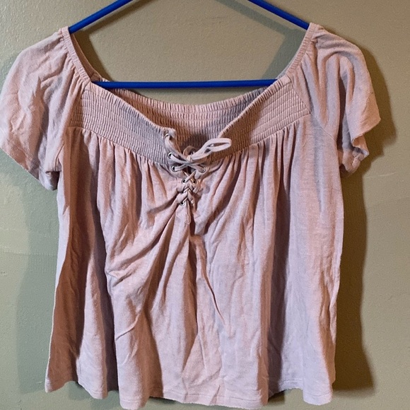 Blush Pink Off-Shoulder Lace-Up Top - Picture 3 of 4